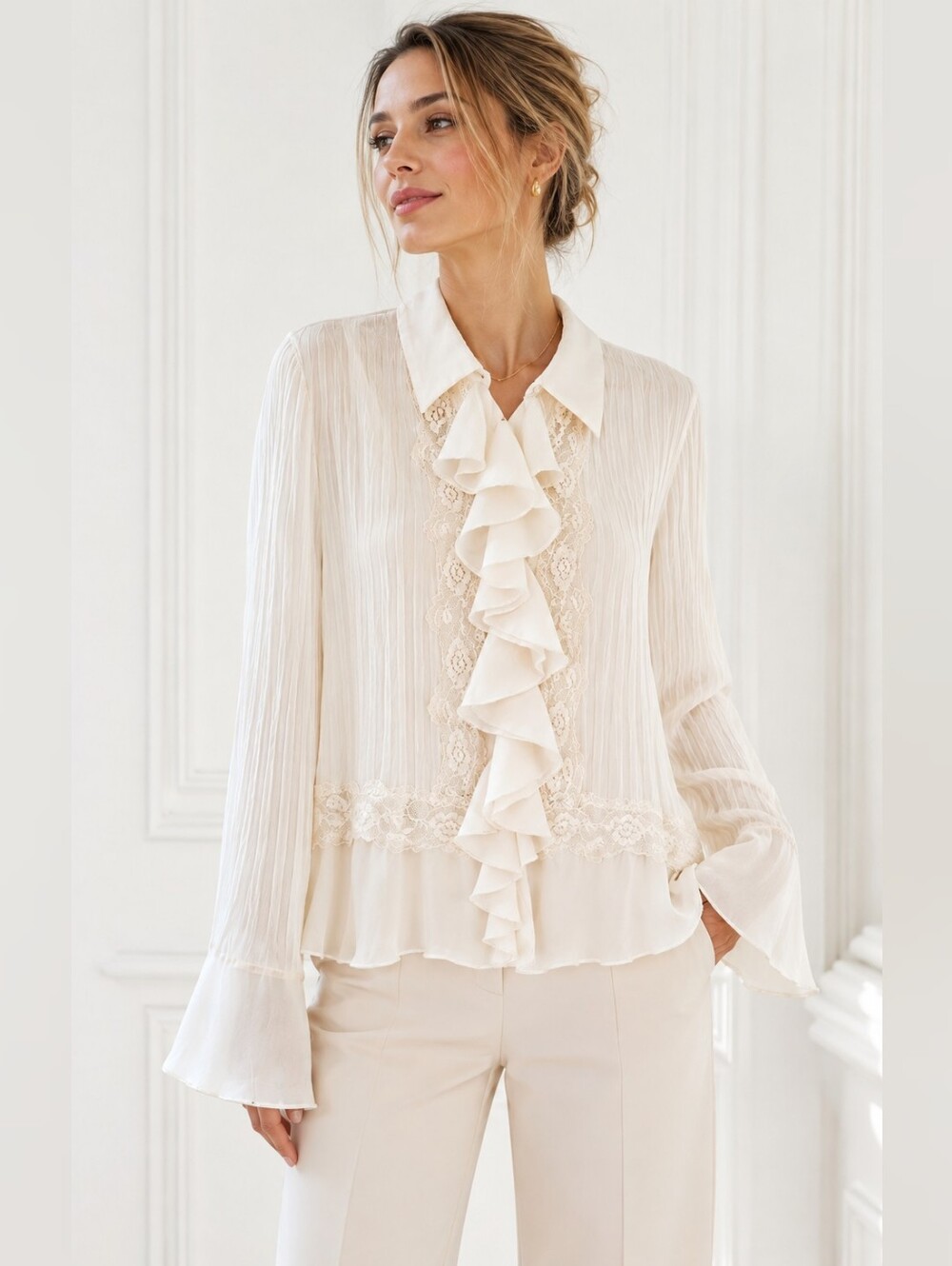 White Stag XL Ivory Ruffle Lace Blouse Romantic Sheer Button Front